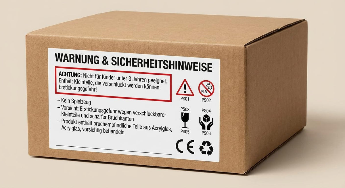 Kartonversandbox mit einem weißen Sicherheitsetikett auf Deutsch. Fetter Header mit dem Text 'WARNUNG & SICHERHEITSHINWEISE' und einer rot umrandeten Erstickungsgefahr-Warnung, Sicherheitssymbolen, CE‑Zeichen und Recycling‑Icon.