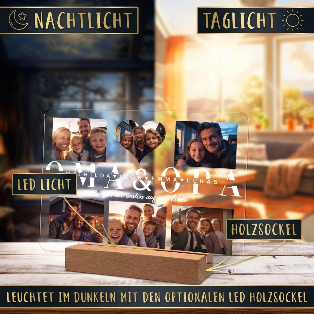 Personalisierte Acryl-Fotoplatte auf einem Holz-LED‑Ständer, gezeigt in zwei Beleuchtungsmodi: 'Nachtlicht' (night light, glowing) und 'Taglicht' (daylight). Zeigt Familienfotos und Text 'OMA & OPA' mit den Namen Mathilda, Leon, Emma, Lukas.