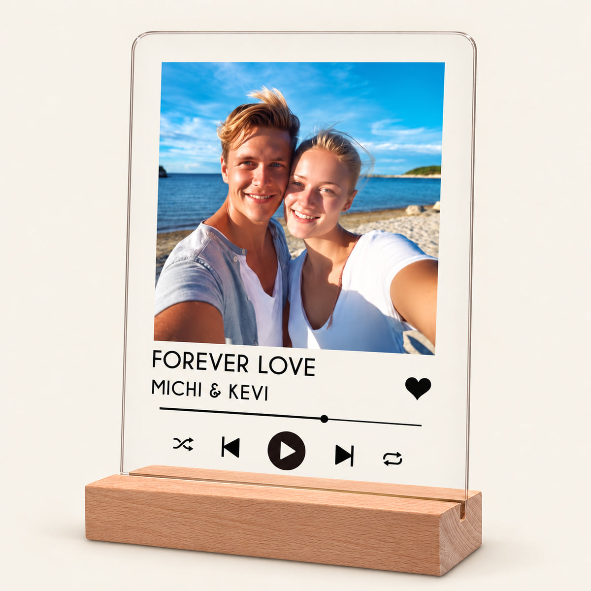 Yuweli Fotogeschenk für Partner personalisiert – SongCover auf Acrylglas mit Foto und Wunschtext, LED-Sockel optional