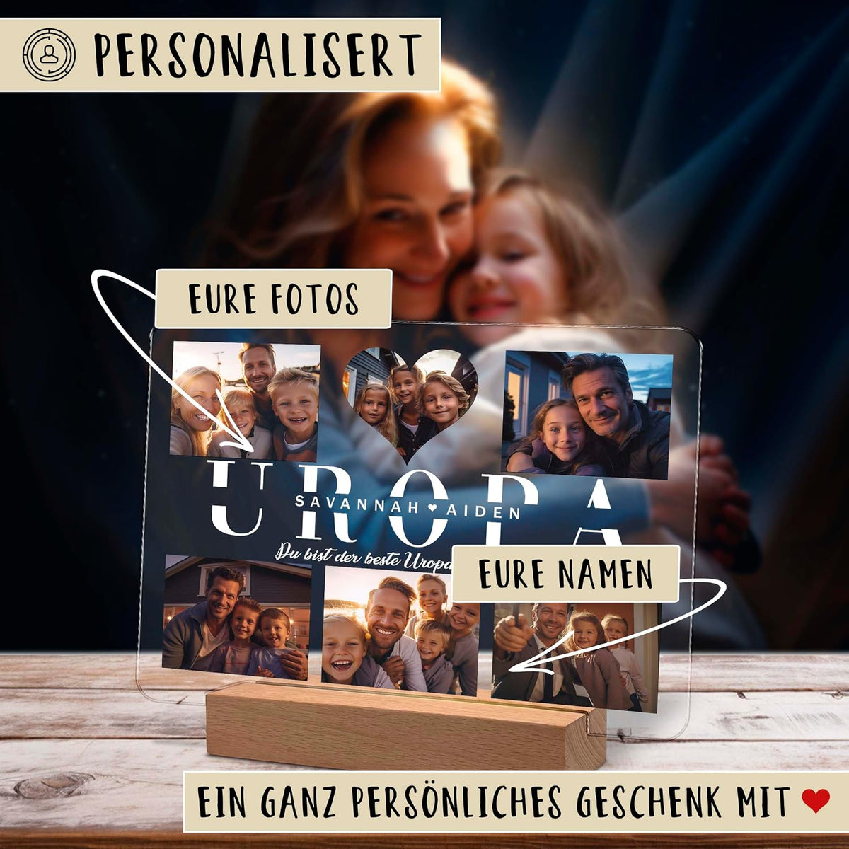Personalisierte Acryl‑Nachttischlampe auf einem Holz‑LED‑Ständer, die Familienfotos und das Wort „UROPA“ mit den individuellen Namen „Savannah“ und „Aiden“ zeigt. Deutsche Textbeschriftungen zeigen Anpassungsoptionen für Fotos und Namen.