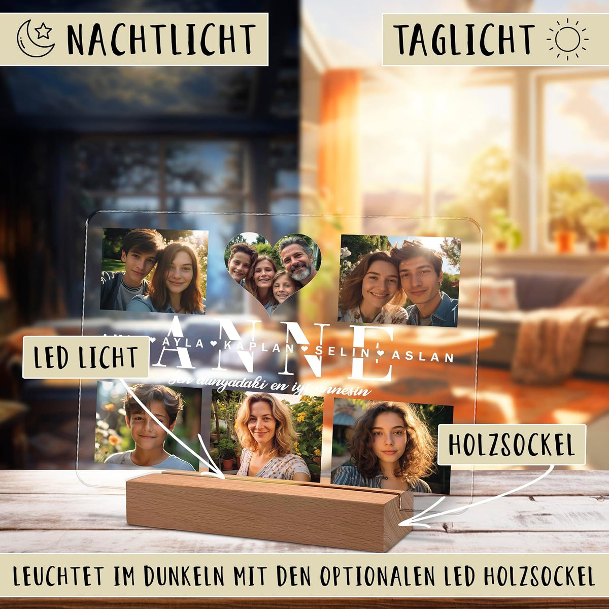 Personalisierte Acryl‑Fotoanzeige auf einem Holz‑LED‑Ständer, gezeigt in zwei Varianten: Nachtmodus (leuchtend) und Tageslichtmodus. Zeigt Familienfotos und den großen Text „ANNE“ mit Namen. Aufschriften zeigen LED Licht und Holzsockel.