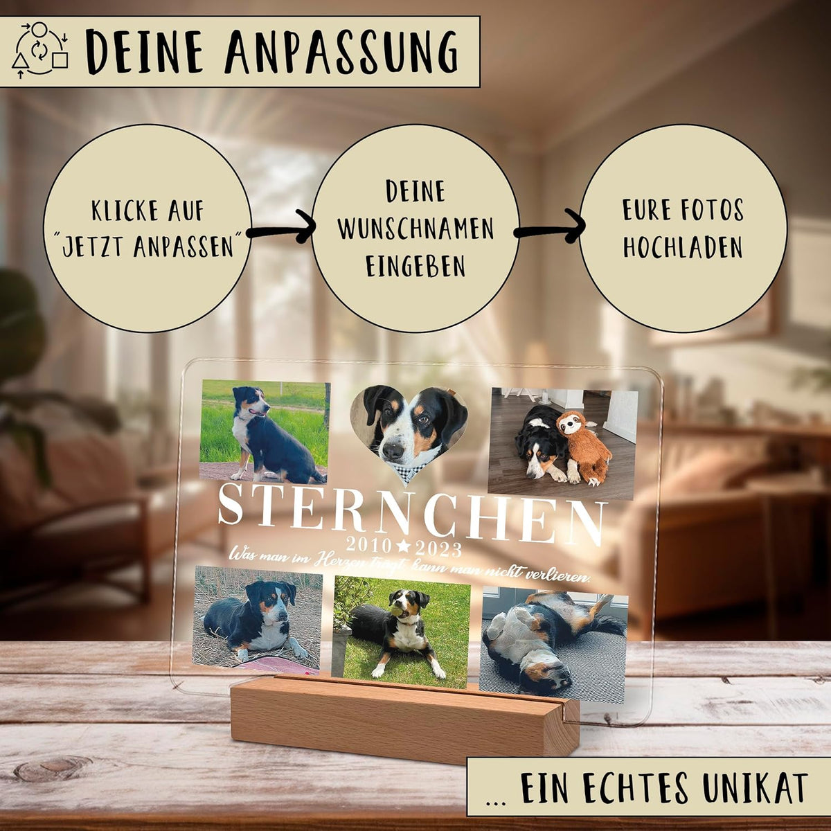Werbegrafik für eine personalisierte Acryl-Gedenktafel auf einem Holzleuchtensockel, die ein Muster mit 6 Hundefotos und dem Namen 'Sternchen 2010-2023' zeigt. Deutscher Text erklärt 3 Anpassungsschritte.