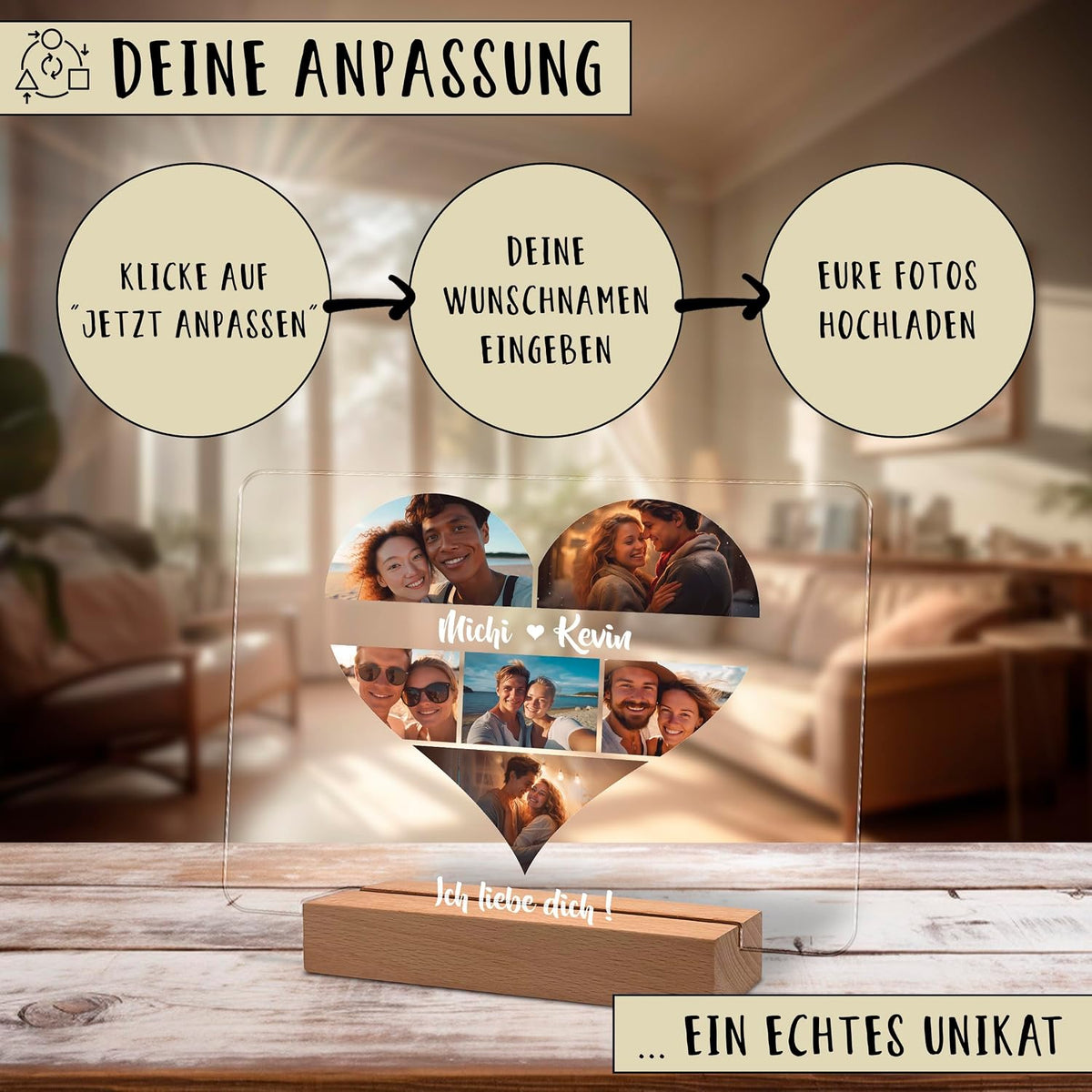 Werbegrafik für eine personalisierte Acryl-Fotodisplay auf einem hölzernen LED-Sockel, geformt wie eine Herz-Collage mit Paarfotos und den Namen „Michi & Kevin“ sowie dem Text „Ich liebe dich!“ Drei Schritte zur Anpassung, oben auf Deutsch gezeigt.