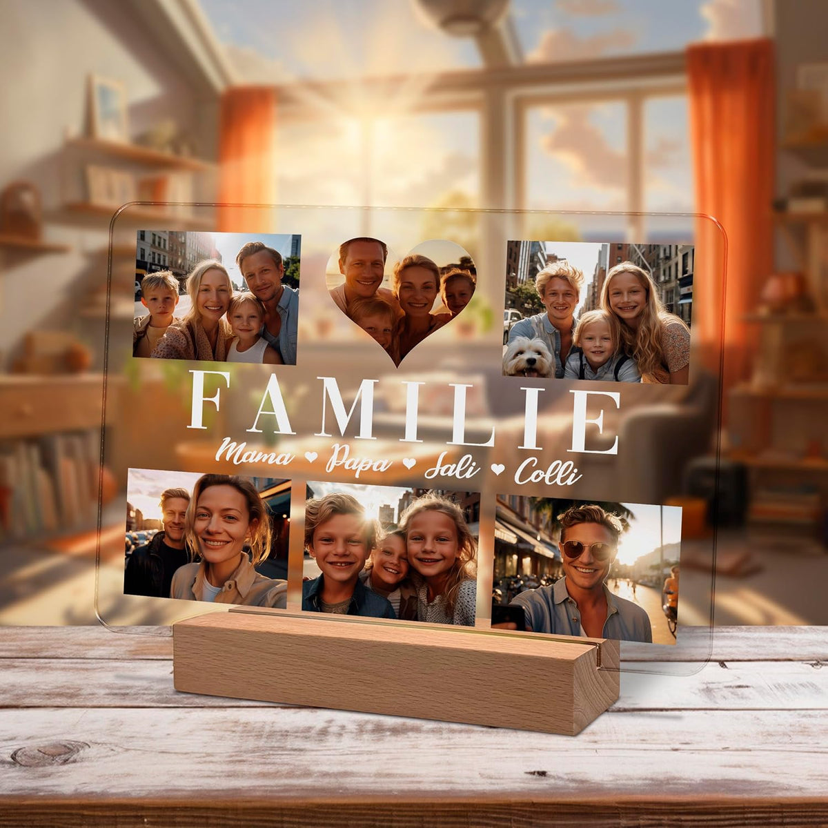 Personalisierte Acryl-Fotoplakette auf einer hölzernen LED-Basis, die fünf Familienfotos zeigt, die um einen Herz-Ausschnitt angeordnet sind. Fetter weißer Text liest „FAMILIE“ mit den Namen „Mama, Papa, Sali, Colli“ darunter in Schreibschrift.