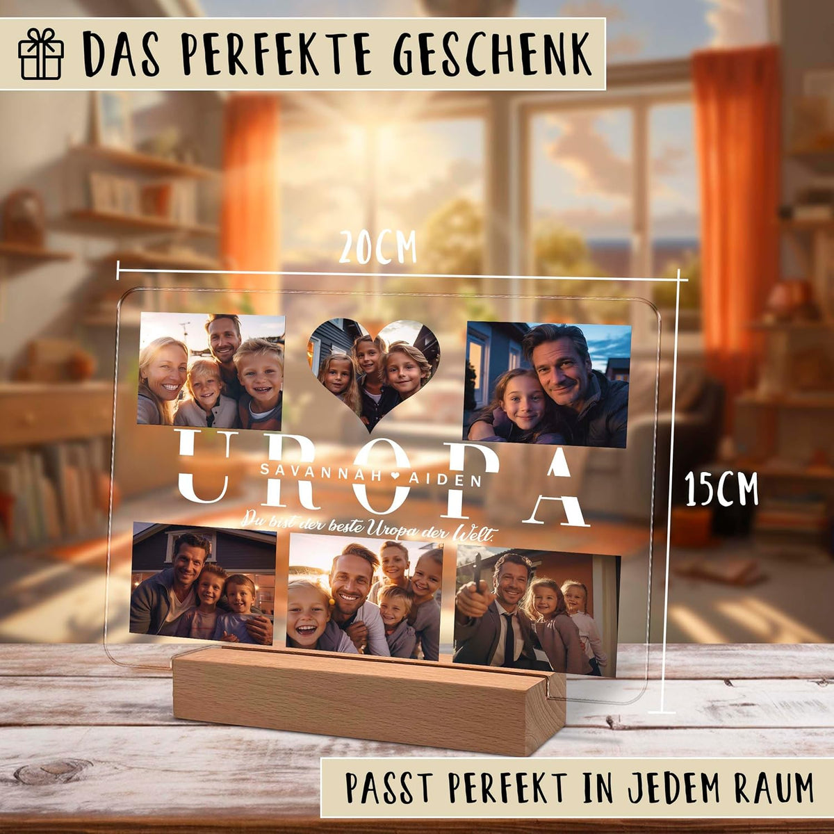 Personalisierte Acryl-Fotodisplay auf einem Holzständer, 20x15 cm, mit Familienfotos und dem Wort 'UROPA' sowie den Namen 'Savannah' und 'Aiden'. Der deutsche Text lautet 'Das perfekte Geschenk' und 'Passt perfekt in jedem Raum'.