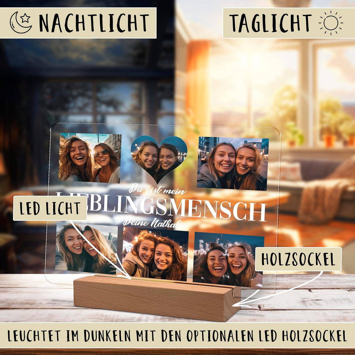 Personalisierte Acryl‑Fotoanzeige auf einem Holz‑LED‑Ständer, gezeigt in zwei Beleuchtungsmodi. Zeigt drei Freundschafts‑Fotos und den Text „Du bist mein Lieblingsmensch“. Beschriftungen zeigen LED Licht und Holzsockel.