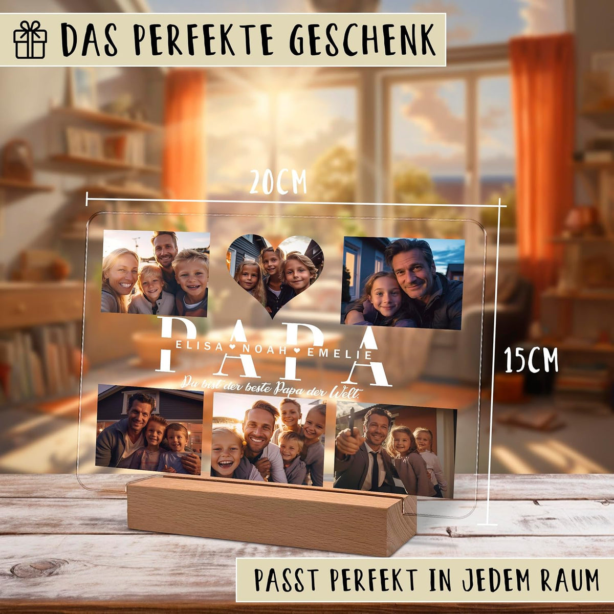 Acryl-Fotodisplaypaneel (20x15 cm) auf einem Holzständer, das eine Fotocollage der Familie mit dem Text 'PAPA' und den Namen Elisa, Noah, Emelie zeigt. Der deutsche Text lautet 'Das perfekte Geschenk' und 'Passt perfekt in jedem Raum'.
