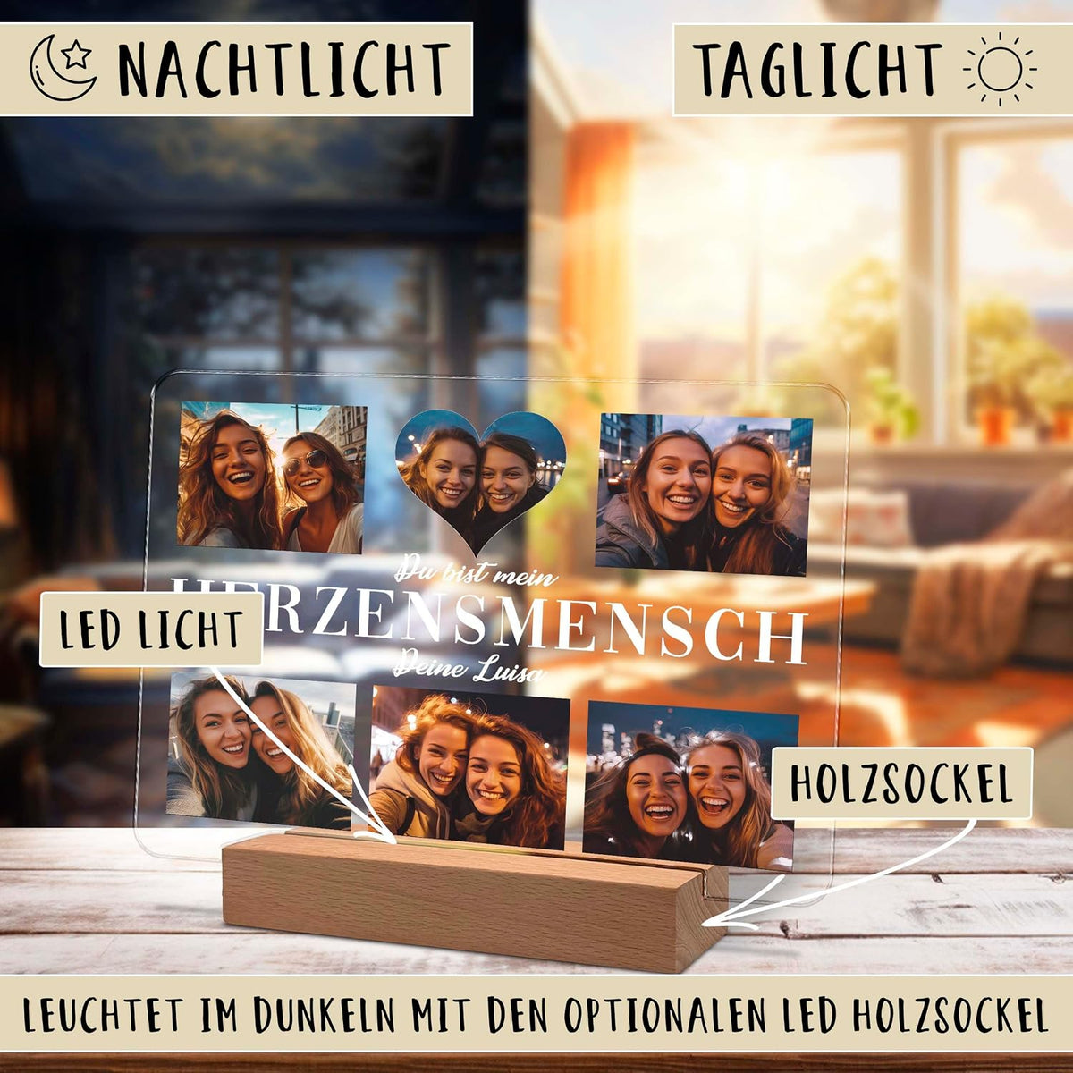 Werbe‑Infografik, die eine personalisierte Acryl‑Foto‑Anzeige auf einem Holz‑LED‑Ständer zeigt. Zeigt vier Freundes‑Selfies und den Text 'Du bist mein HERZENSMENSCH - Deine Luisa'. Etiketten zeigen LED Licht und Holzsockel. Demonstration von geteilter Tag‑/Nacht‑Beleuchtung.