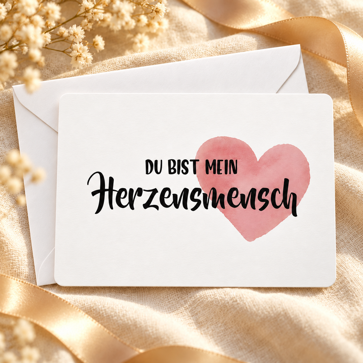 Yuweli DEV Zusatzoption geschenkkarte: Herzensmensch Originalmotiv und Umschlag vor Leinenhintergrund