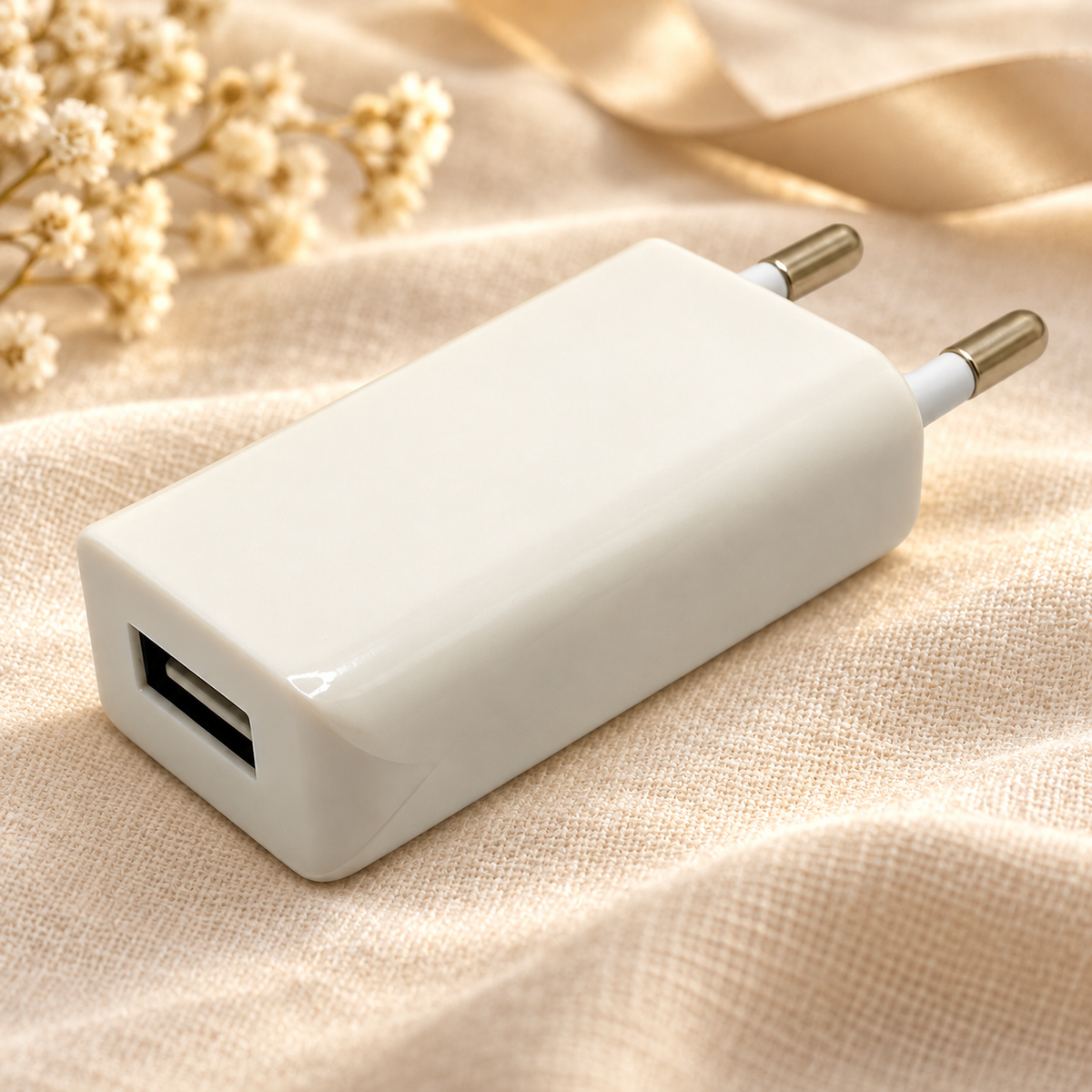 Yuweli DEV Zusatzoption usb-netzteil: weisses laengliches Original-Netzteil vor Leinenhintergrund