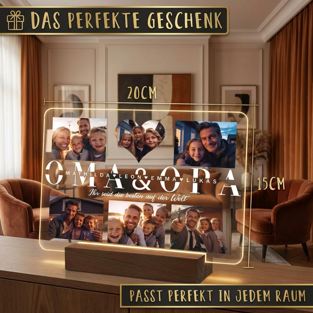 Beleuchtetes Acryl-Fotodisplay auf einem Holz-LED-Sockel, 20x15 cm, zeigt Familienfotos, die um einen Herz-Ausschnitt angeordnet sind. Der Text lautet 'OMA & OPA' mit Namen und 'Ihr seid die besten auf der Welt'. Das Banner oben zeigt 'Das perfekte Geschenk'.
