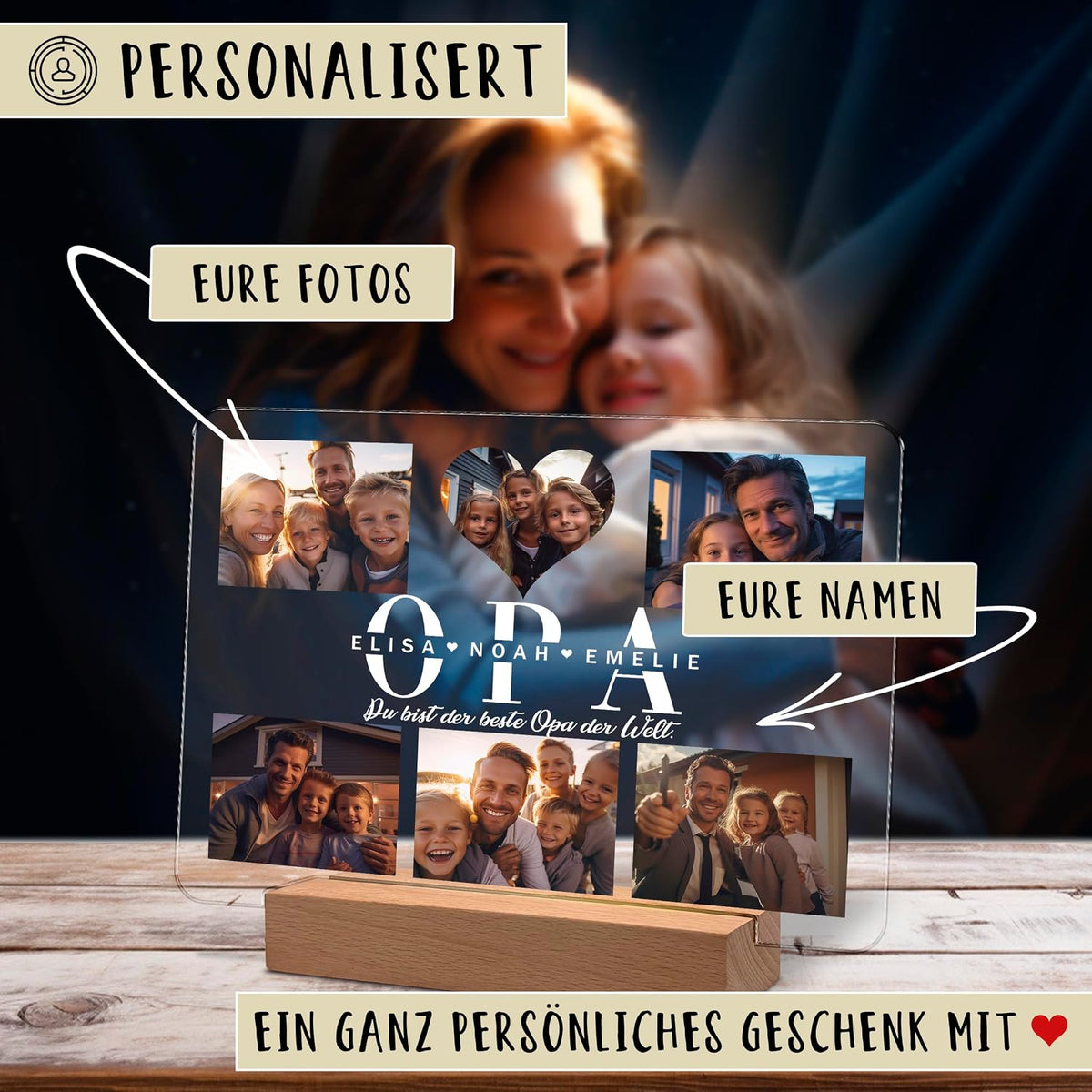 Personalisierte Acryl-Nachtlampe mit Foto auf einem hölzernen LED-Sockel, die das Wort „OPA“ mit Familienfotos und den Namen „Elisa, Noah, Emelie“ zeigt. Deutscher Text lautet: „Du bist der beste Opa der Welt.“ Als anpassbar mit Ihren Fotos und Namen gekennzeichnet.