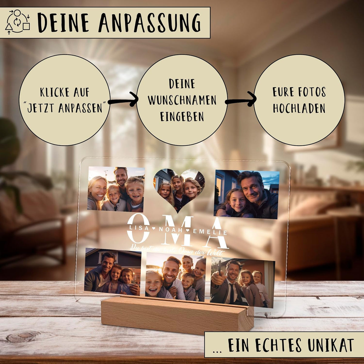Werbegrafik für ein personalisiertes Acryl-Fotodisplay auf einem Holzständer, das Familienfotos und den Text 'OMA' mit den Namen Lisa, Noah, Emelie zeigt. Drei Schritte gezeigt: Klick auf 'Jetzt Anpassen', Namen eingeben, Fotos hochladen.