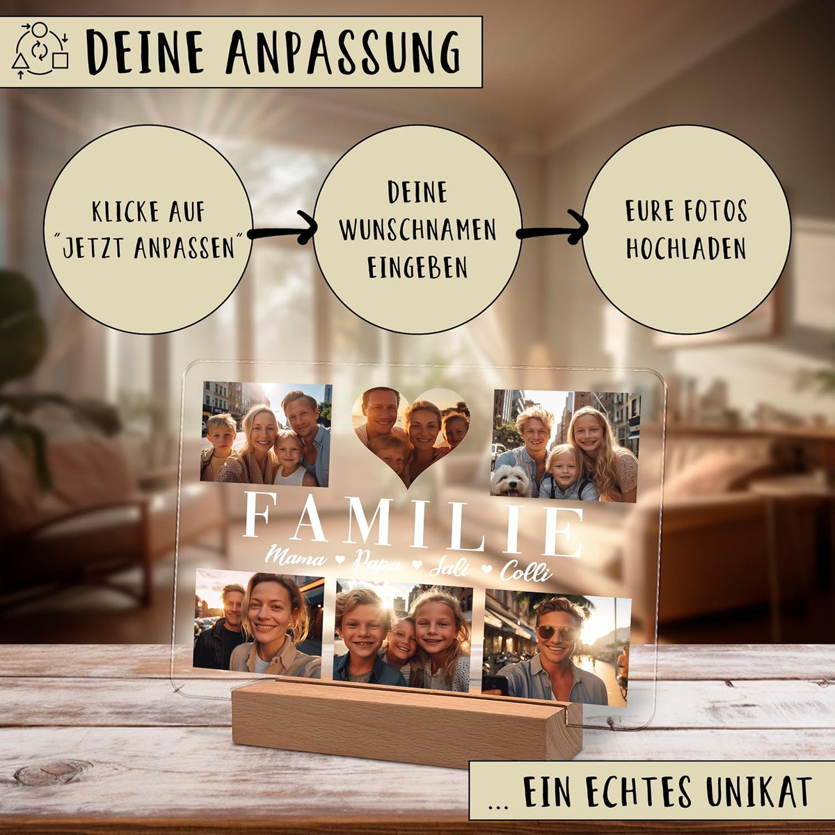 Werbegrafik für eine personalisierte Acryl-Fotodisplay auf einem hölzernen LED-Sockel, die eine Familiencollage mit 'FAMILIE' und Namen zeigt. Drei Schritte auf Deutsch erklären die Personalisierung: 'Jetzt Anpassen' klicken, Namen eingeben, Fotos hochladen.