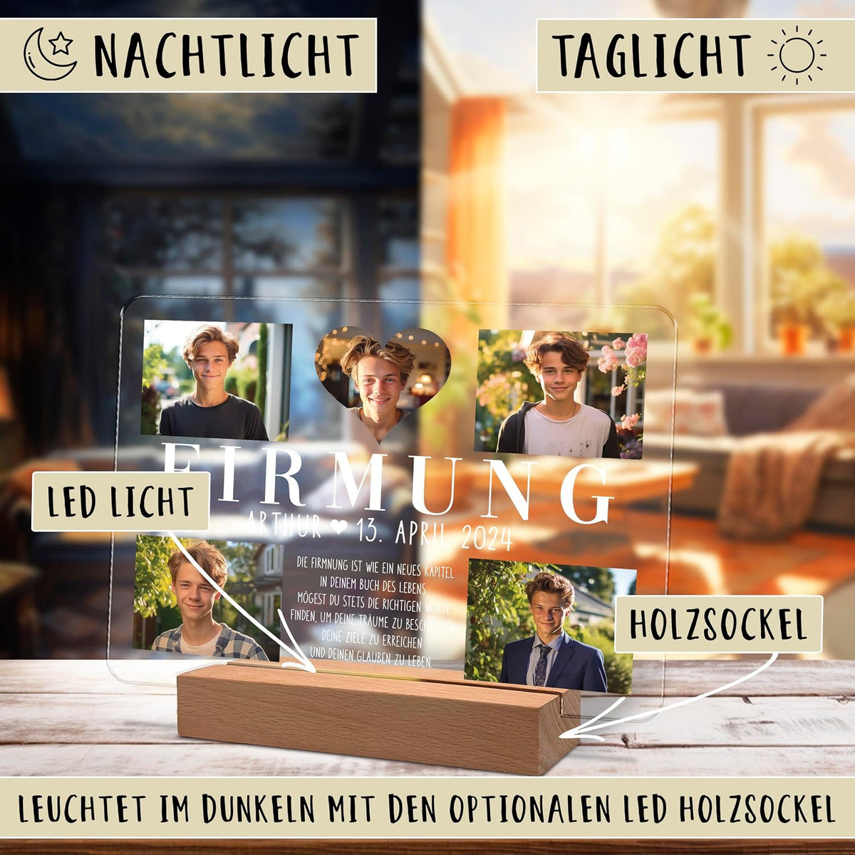 Werbe‑Zweipanel‑Bild zeigt ein personalisiertes Acryl‑Bestätigungs‑Andenken mit vier Fotos, Text „FIRMUNG Arthur 13. April 2024“, montiert auf einem Holzdioden‑Ständer. Beschriftungen zeigen Nachtlicht‑ und Tageslicht‑Modi.