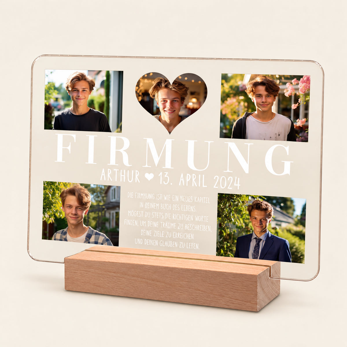 Personalisierte Bestätigungs‑Andenken‑Lichtplakette auf einem Holzständer, featuring fünf Fotos eines jungen Mannes, ein herzförmiges zentrales Foto, großer Text „FIRMUNG“, „ARTHUR 13.“ „APRIL 2024“, und ein deutsches Segenszitat darunter.