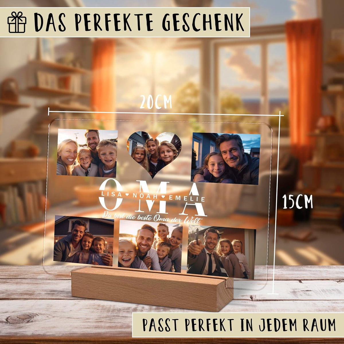 Klare Acryl-Fotodisplay-Platte (20x15 cm) auf einem hölzernen Halter, mit Familienfoto-Collagen und einem Herz-Ausschnitt. Der Text lautet 'OMA' mit den Namen Lisa, Noah, Emelie und einem deutschen Widmungsspruch. Werbetext oben und unten.