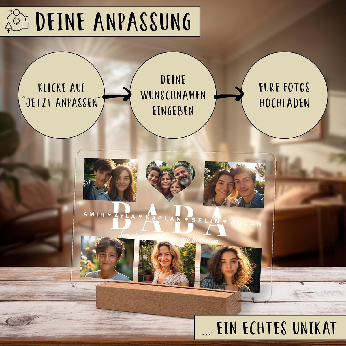Werbegrafik für ein personalisiertes Acryl‑Foto‑Display auf einem Holzständer, zeigt fünf Familienfotos und das Wort BABA mit Namen. Drei Schritte auf Deutsch erklären, wie man es mit Namen und Fotos anpasst.