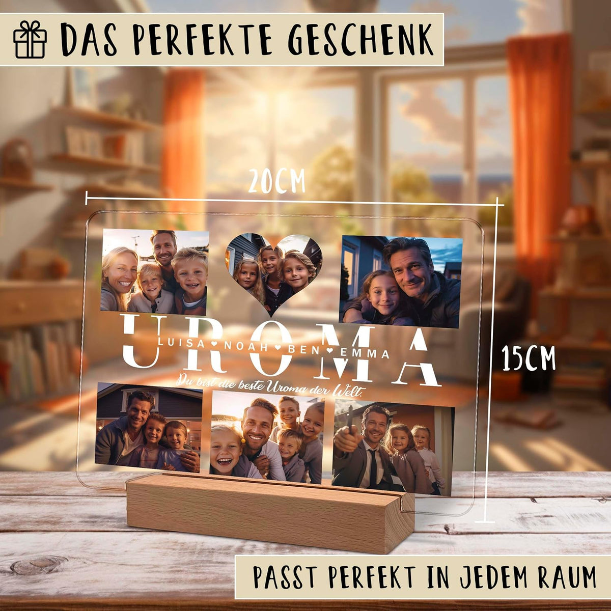 Personalisierte Acryl-Fotodarstellung auf einem Holzständer, 20x15 cm, mit Familienfotos und dem Wort „UROMA“ sowie den Namen Luisa, Noah, Ben, Emma. Deutscher Text lautet „Das perfekte Geschenk“ und „Passt perfekt in jedem Raum“.