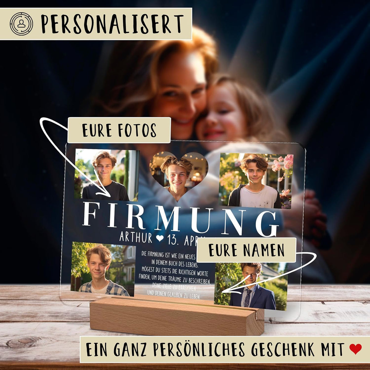 Werbebild einer personalisierten Acryl‑LED‑Foto‑Plakette für die Firmung (Confirmation). Zeigt mehrere Fotos eines Jungen, den Namen „Arthur“ und das Datum „13“. Apr‘, auf einer Holz‑LED‑Basis. Deutsche Textbeschriftungen weisen auf anpassbare Fotos und Namen hin.