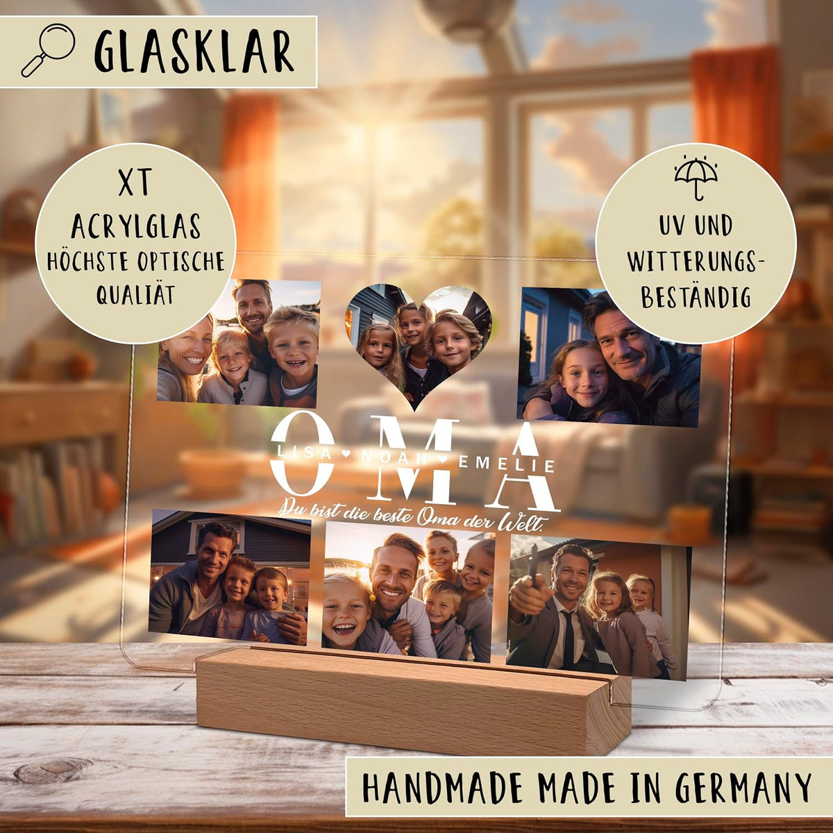 Klares Acryl-Fotodisplay auf einem Holzsockel mit fünf Familienfotos, die um einen großen Text mit der Aufschrift 'OMA' angeordnet sind, zusammen mit den Namen Lisa, Noah, Emelie und dem Satz 'Du bist die beste Oma der Welt.' Beschriftet mit Glasklar, handmade in Deutschland.