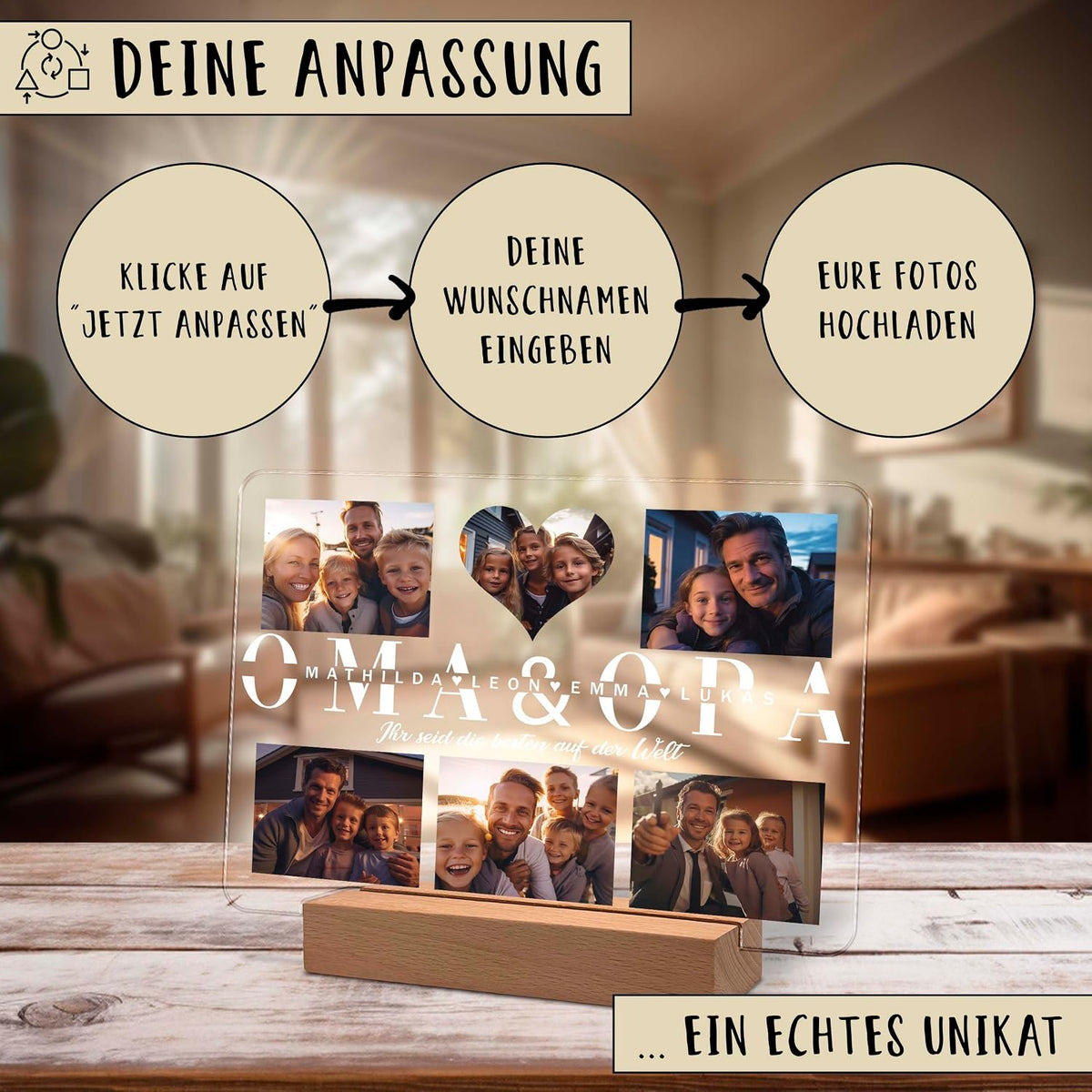 Werbegrafik für eine personalisierte Acryl-Fotoplatte auf einem Holzständer, die Familienfotos und den Text 'OMA & OPA' mit Namen zeigt. Drei oben gezeigte Schritte: 'Jetzt Anpassen' klicken, Namen eingeben, Fotos hochladen. Bildunterschrift: '...Ein echtes Unikat'.