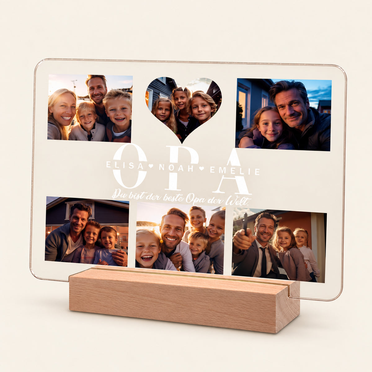 Personalisierte Acryl-Foto-Collage-Nachtscheinlampe auf einem Holz-LED-Ständer, mit fünf Familienfotos um eine herzförmige Aussparung angeordnet. Weißer Text lautet 'OPA' mit den Namen 'Elisa, Noah, Emelie' und dem deutschen Satz 'Du bist der beste Opa der Welt.'