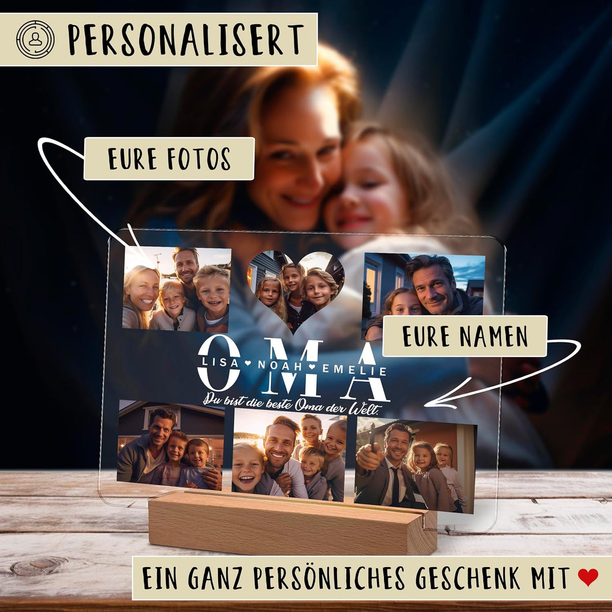Personalisierte Acryl-LED-Nachtlampe für Oma, präsentiert auf einem Holzsockel. Mit Fotocollagen-Slots, großem 'OMA'-Schriftzug mit den Namen Lisa, Noah, Emelie und deutschem Text 'Du bist die beste Oma der Welt.' Anmerkungen heben anpassbare Fotos und Namen hervor.