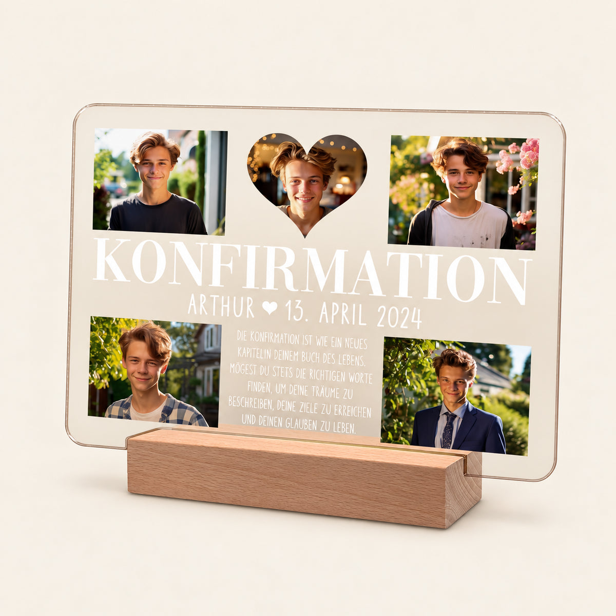 Acryl‑Bestätigungs‑Erinnerungsplakette auf einem Holz‑LED‑Stativ, mit fünf Fotos eines jugendlichen Jungen, einem herzförmigen Mittel‑Foto und dem Text "KONFIRMATION ARTHUR 13". APRIL 2024' mit einem deutschen Segensspruch.