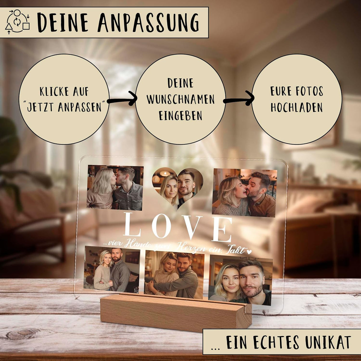 Werbegrafik für ein personalisiertes Acryl‑Foto‑Display auf einem Holzständer, das fünf Paar‑Fotos rund um das Wort LOVE anzeigt. Drei Schritte auf Deutsch erklären, wie man anpasst: klicken Sie auf Anpassen, Namen eingeben, Fotos hochladen.