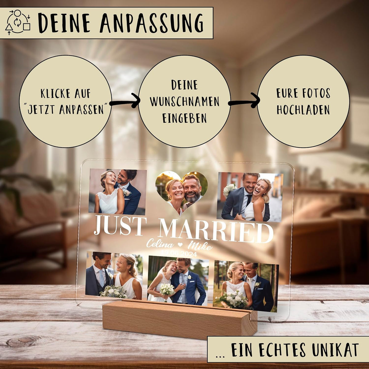 Personalisierte "Just Married"-Acryl-Fotodose auf einem Holzständer, zeigt ein Hochzeitsfoto-Collage mit den Namen "Celina & Mike 2024". Die Anleitungsgrafik auf Deutsch zeigt 3 Schritte, um mit eigenen Namen und Fotos zu personalisieren.
