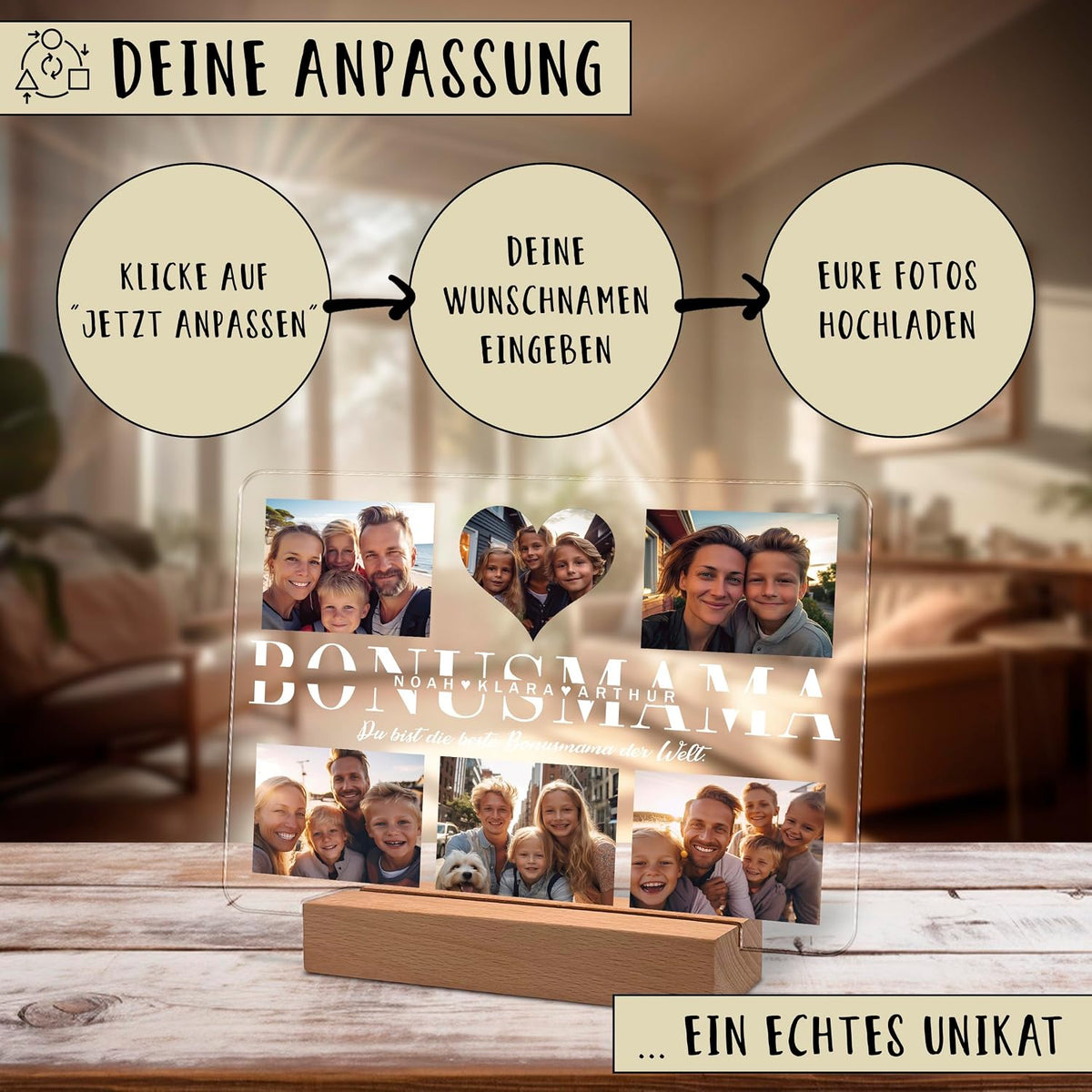 Werbegrafik für eine personalisierte Acryl-Fotopräsentation auf einem Holzständer, die Familienfotos und den Text „BONUSMAMA“ zeigt. Die deutsche Anleitung oben erklärt, wie man es mit Namen und Fotos personalisieren kann. Der Text lautet „Ein echtes Unikat“.