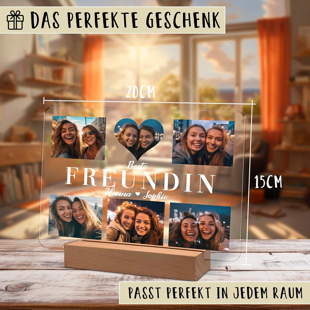 Klarer Acryl-Foto-Display-Panel (20 x 15 cm) auf einem Holzständer, das ein Collage aus Freundes-Selfies um eine Herzform zeigt. Der Text lautet „Beste Freundin“ und „Hanna & Sophie“. Werbetext: „Das perfekte Geschenk“ und „Passt perfekt in jedem Raum“.